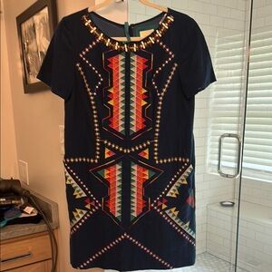 Maeve Blue and Black Sheath Mini Dress with Crew Neck